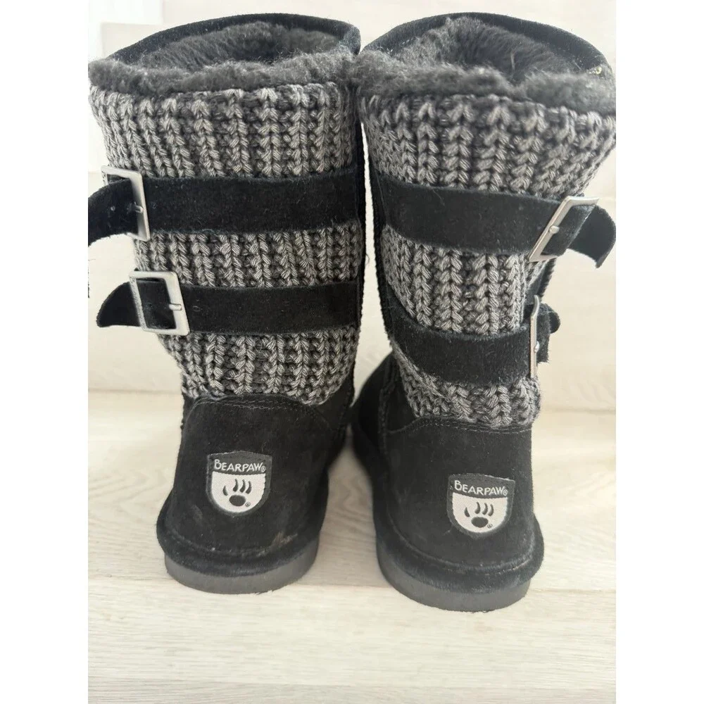 Bearpaw Boshie Black Suede Knit Sheepskin Wool Buckle Boots Youth Size 5